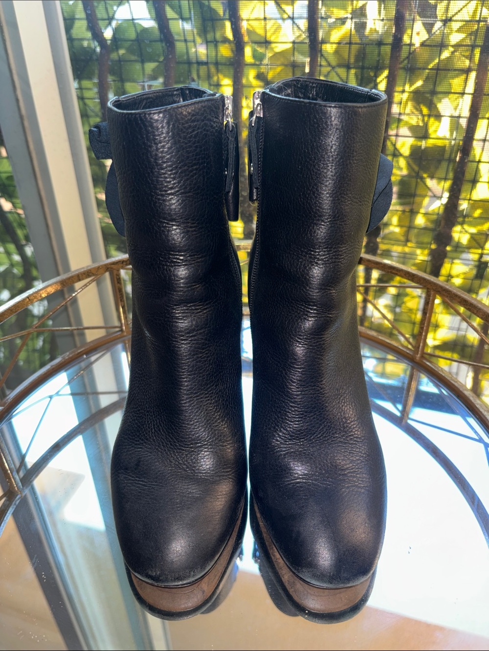 Avec Les Filles Black Leather Ankle Booties with Rear Bow